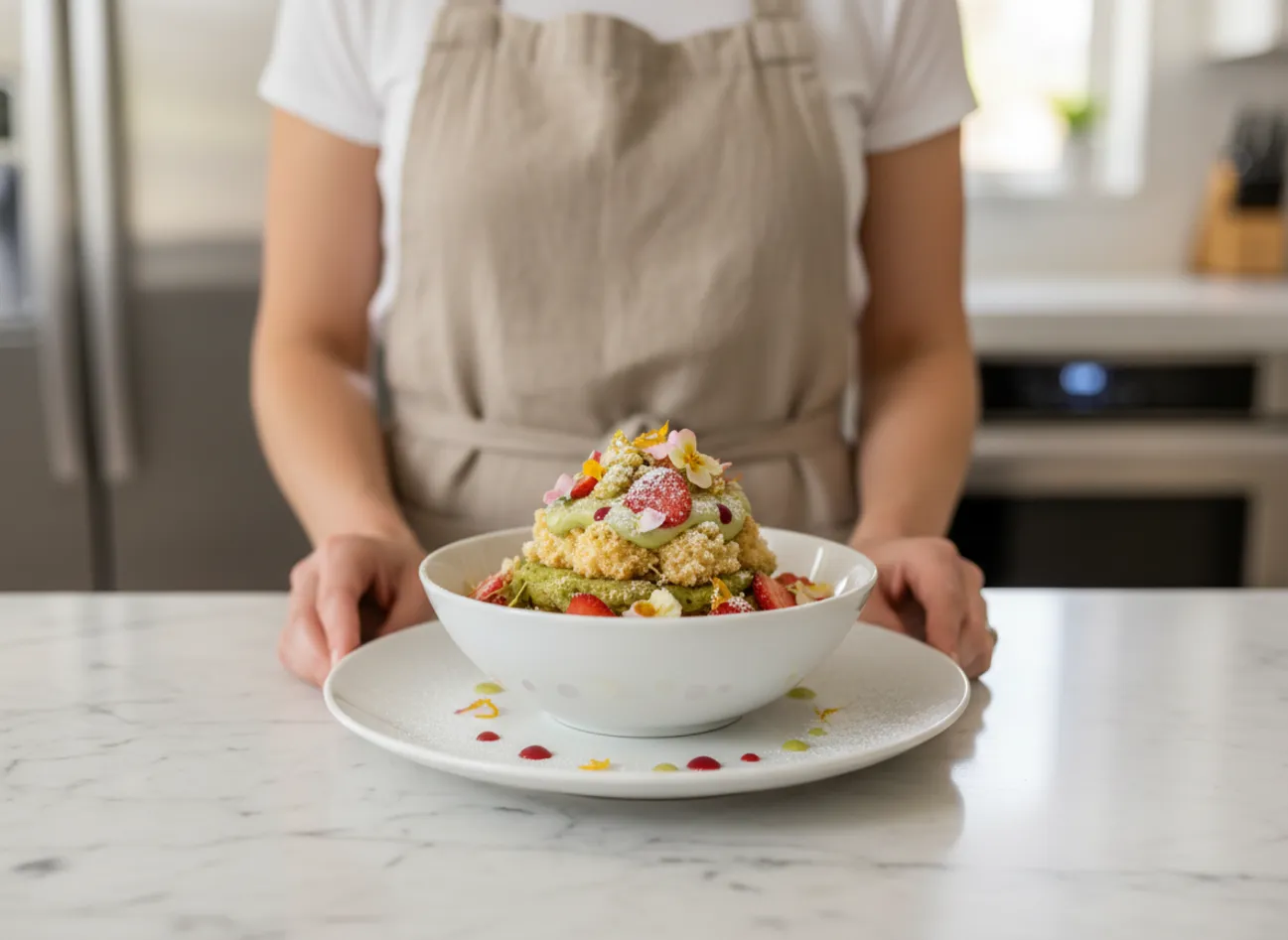 A baker is smoothing pastel frosting on a layered spring cake