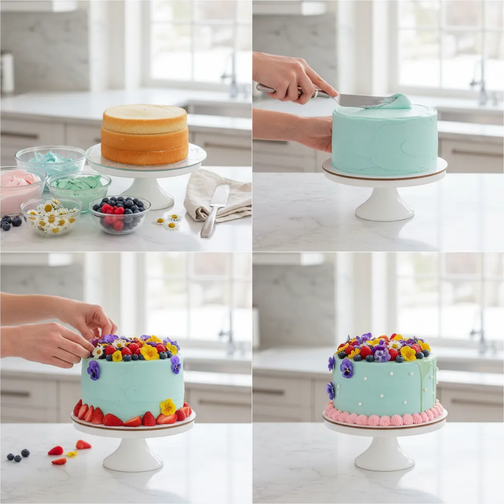 A four-panel grid showing the steps of decorating a spring cake with flowers and pastels