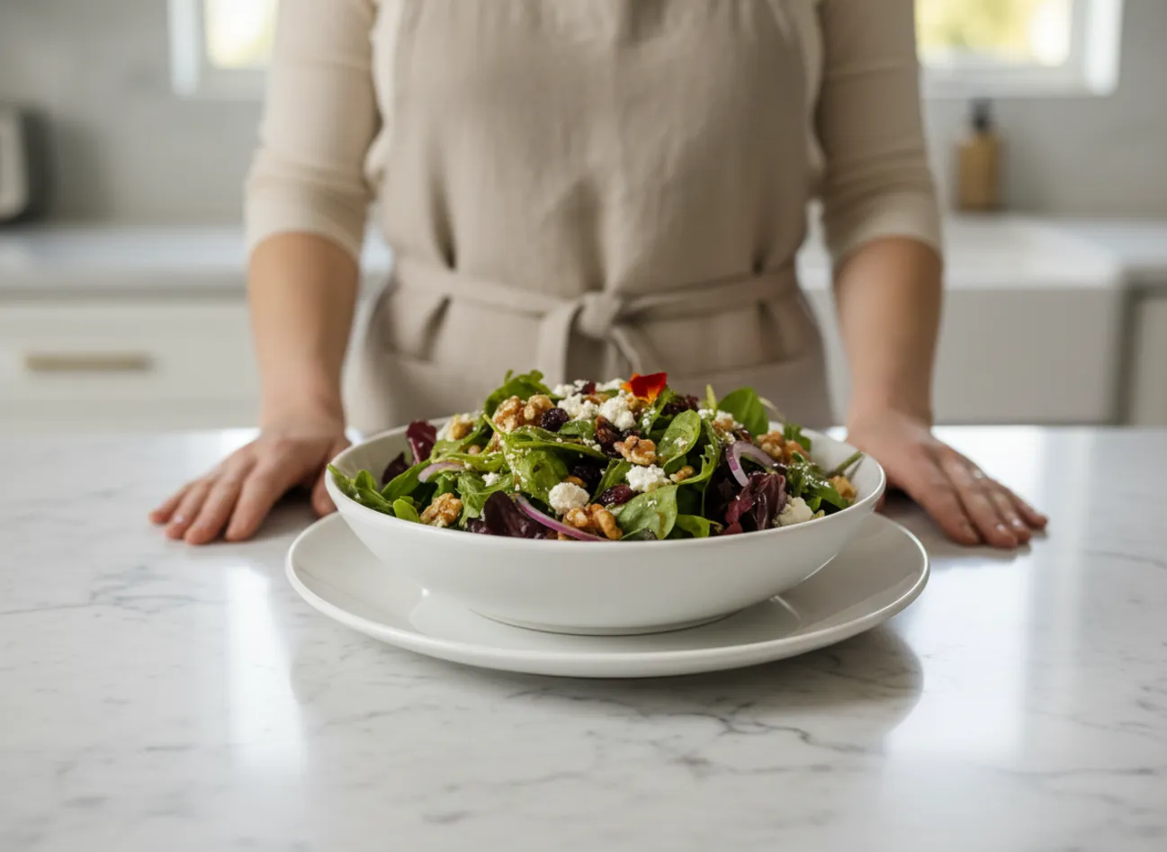 A beautiful lifestyle shot of the finished spring mix salad with balsamic honey dressing on a dinner table.