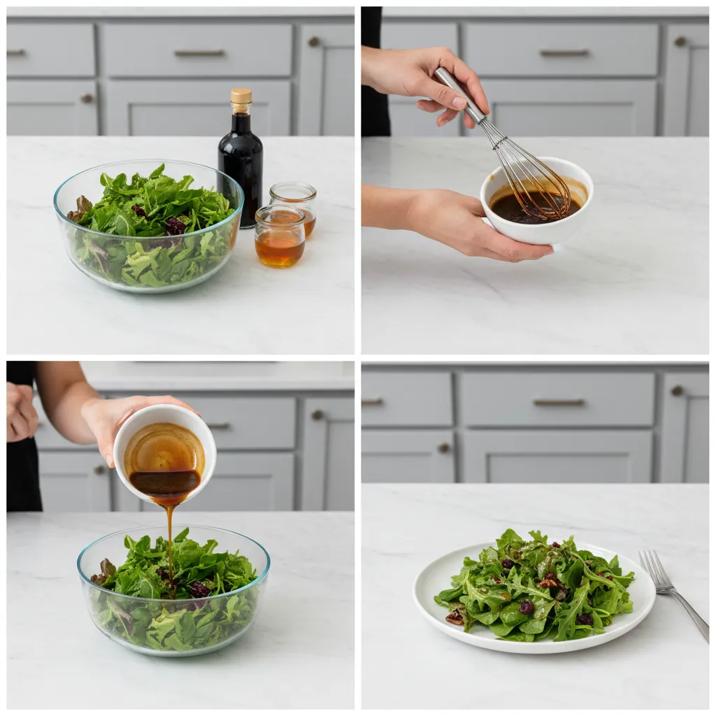 A step-by-step grid showing how to make the balsamic honey dressing and toss the spring mix salad.