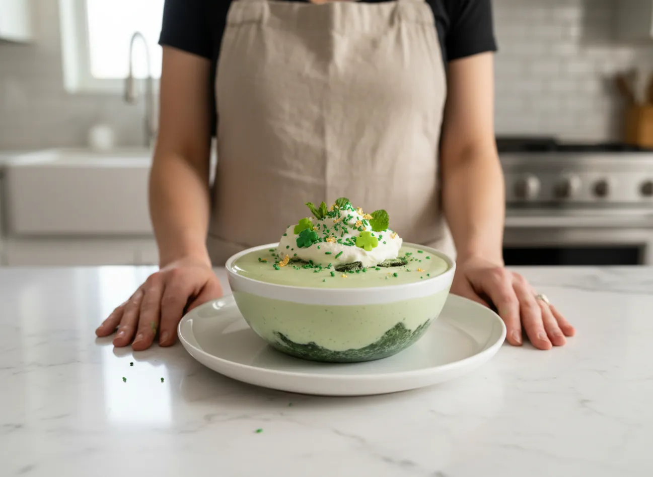 St. Patrick's Day green pudding cups being enjoyed by a family