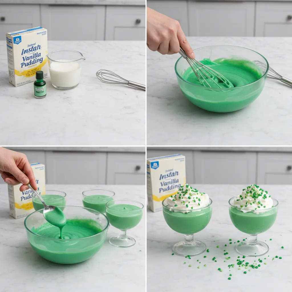 A grid of four images showing the steps to make the pudding cups