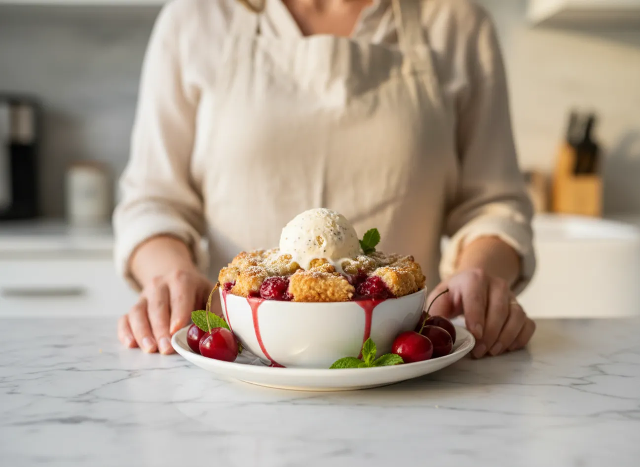 A beautiful slice of sweet cherry cobbler on a plate.
