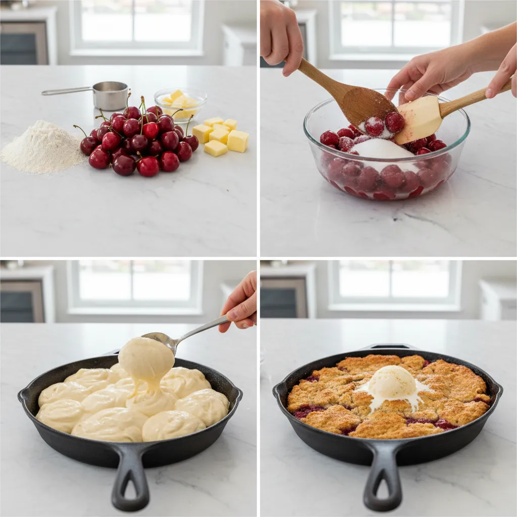 A grid of images showing the steps to make the cherry cobbler.