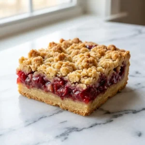 A thick, perfectly square cherry crumble bar. A glistening, jammy red cherry filling is sandwiched between a golden-brown buttery crust and a generous, crumbly streusel topping. The cut edge shows distinct, delicious layers.