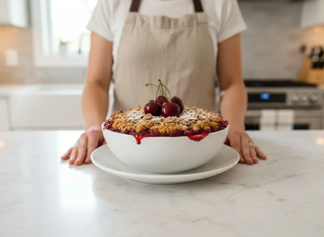 A baker preparing sweet cherry crumble bars in a sunlit kitchen.