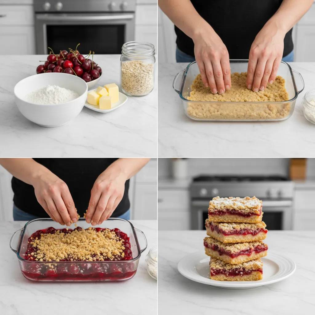 A grid showing the step-by-step process of making cherry crumble bars.