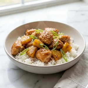 Golden-brown pineapple chicken chunks glisten with a savory glaze, served over fluffy white rice in a shallow bowl. The vibrant dish is garnished with bright green, thinly sliced scallions and a sprinkle of toasted sesame seeds. A delicate wisp of steam rises from the plate.