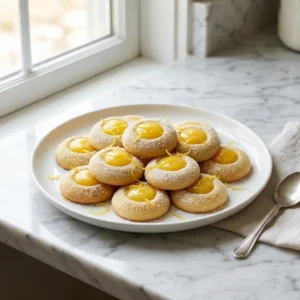 Buttery shortbread thumbprint cookies filled with a glistening dollop of vibrant, sunny yellow lemon curd. The cookies are arranged on a plate, lightly dusted with powdered sugar, with a hint of fresh lemon zest as garnish. Food photography, bright natural light.