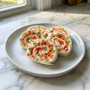 A platter of colorful veggie pinwheels, their spiral cross-sections facing up. A creamy white filling is dotted with vibrant, finely diced red pepper, carrot, and spinach, all rolled tightly in a soft tortilla. Garnished with freshly chopped chives.
