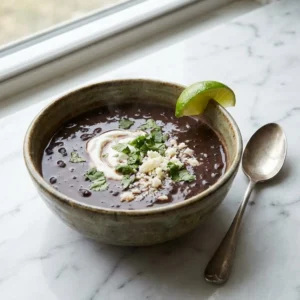 A rustic bowl of thick, velvety dark black bean soup, topped with a swirl of white crema, diced avocado, vibrant green cilantro, and crumbled cotija cheese. A bright lime wedge rests on the bowl's rim as gentle steam rises. Food photography, dramatic lighting.