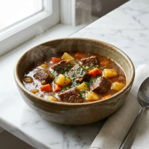 A rustic ceramic bowl of thick, hearty vegetable beef soup. The rich brown broth is filled with visible chunks of tender beef, vibrant orange carrots, and golden potatoes. A wisp of steam rises from the surface, which is garnished with a sprinkle of fresh, chopped green parsley.