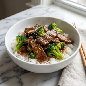 A white ceramic bowl filled with tender, thinly sliced beef and vibrant green broccoli florets, all coated in a dark, glossy savory sauce. The dish is served over fluffy white rice, garnished with a sprinkle of white sesame seeds, with a gentle wisp of steam rising.