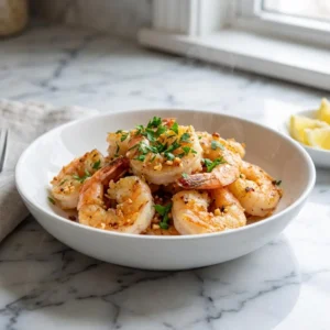 Plump, succulent shrimp with a crispy, golden-brown Parmesan cheese crust, speckled with toasted garlic. A generous garnish of vibrant, freshly chopped parsley is sprinkled over the top. The shrimp are piled in a simple white bowl, with a slight wisp of steam rising.