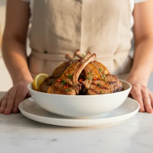 A bright, creamy potato salad featuring chunks of tender potatoes. The salad is generously flecked with fresh green dill and chopped dill pickles. Served in a simple ceramic bowl, garnished with a sprinkle of herbs and a fresh lemon wedge on the side for a pop of color.