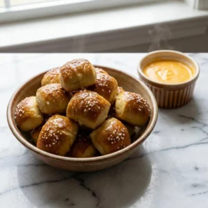 A pile of warm, puffy soft pretzel bites, deep golden-brown with a buttery sheen. Coarse white pretzel salt generously coats their surface. Served in a rustic bowl next to a small ramekin of thick, gooey cheddar cheese sauce, with a wisp of steam rising.