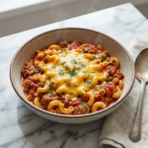 A rustic bowl of hearty American goulash. A thick, rich tomato and beef sauce generously coats the elbow macaroni. The dish is topped with a blanket of gooey, melted cheddar cheese and a sprinkle of fresh parsley, with faint wisps of steam rising.