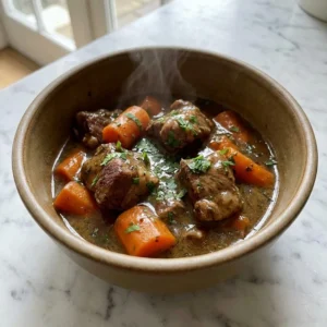 A hearty lamb casserole in a deep, rustic bowl. Tender chunks of lamb and vibrant orange carrots are coated in a rich, glossy, dark brown gravy. The dish is garnished with a sprinkle of finely chopped fresh parsley, with a delicate wisp of steam rising.