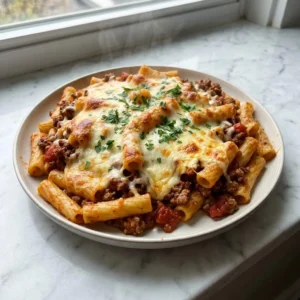 A hearty serving of baked ziti on a plate. Tubular pasta is drenched in a rich, chunky red meat sauce. A thick blanket of bubbly, golden-brown melted mozzarella cheese covers the top, garnished with fresh chopped parsley. Delicate wisps of steam rise from the dish.