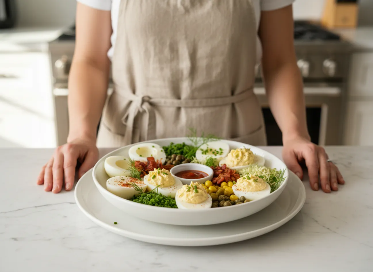 A beautiful deviled egg board with various toppings ready for a party.