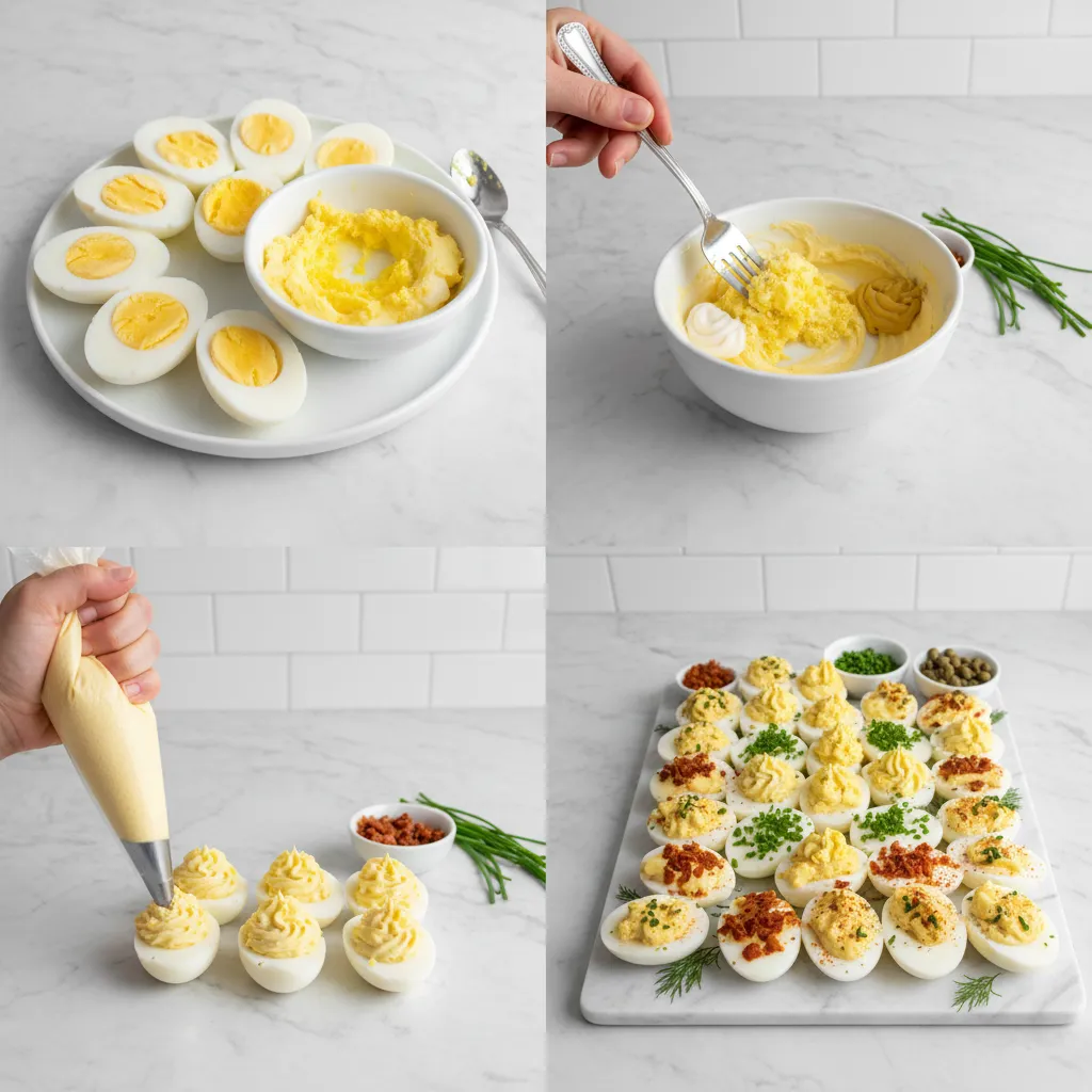 A grid showing the step-by-step process of making and assembling a deviled egg board.
