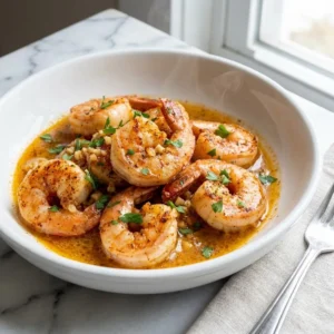 A close-up of succulent, pink Cajun shrimp glistening in a rich, golden garlic butter sauce. The shrimp are speckled with dark red spices and flecks of garlic, garnished with vibrant green chopped parsley. A delicate wisp of steam rises from the hot dish.