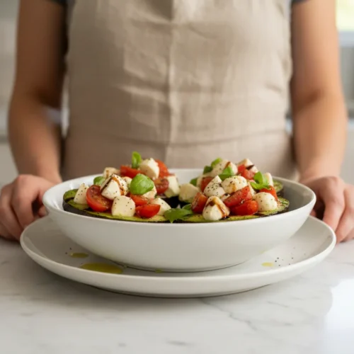 A ripe avocado half, generously stuffed with a vibrant medley of juicy red cherry tomatoes and creamy white mozzarella pearls. Garnished with fresh green basil leaves and an elegant drizzle of thick, glossy balsamic glaze, plated simply to highlight the fresh colors.