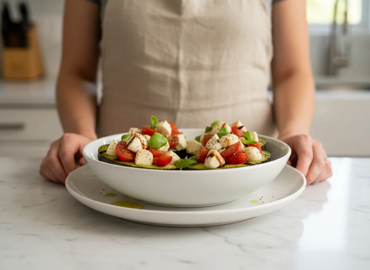 A person preparing a Caprese Stuffed Avocado on a wooden cutting board.