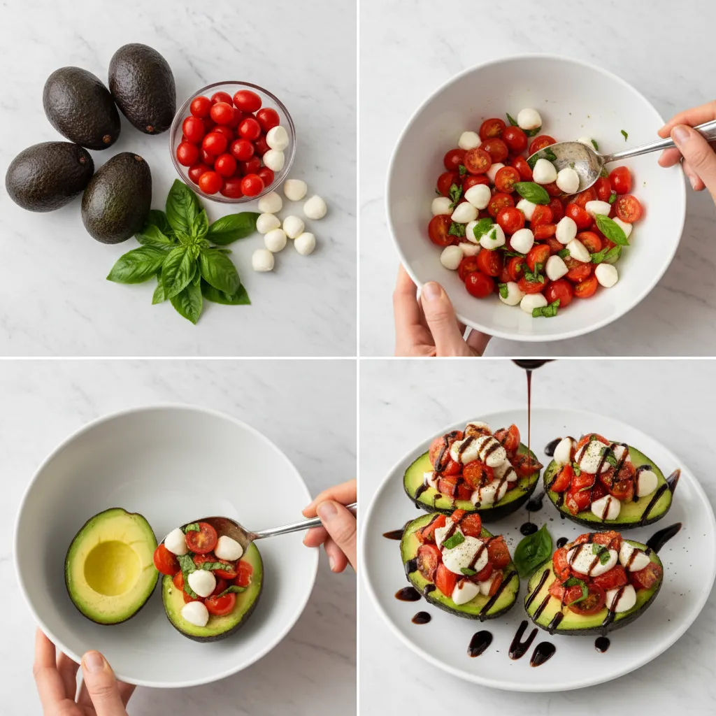 A four-panel grid showing the steps to make Caprese Stuffed Avocado.