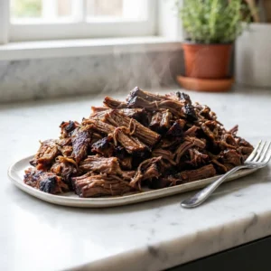 A heaping mound of glistening, caramelized pulled beef brisket. The tender, juicy shreds of deep brown meat are piled high, revealing crispy, dark edges. A gentle wisp of steam rises from the succulent meat, ready to be served.