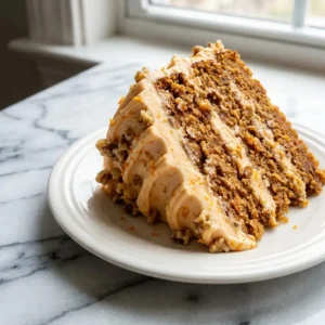 A generous slice of moist, layered carrot cake stands on a plate. Thick, rustic orange cream cheese frosting is slathered between layers and across the top, beautifully garnished with a sprinkle of vibrant orange zest and chopped walnuts.
