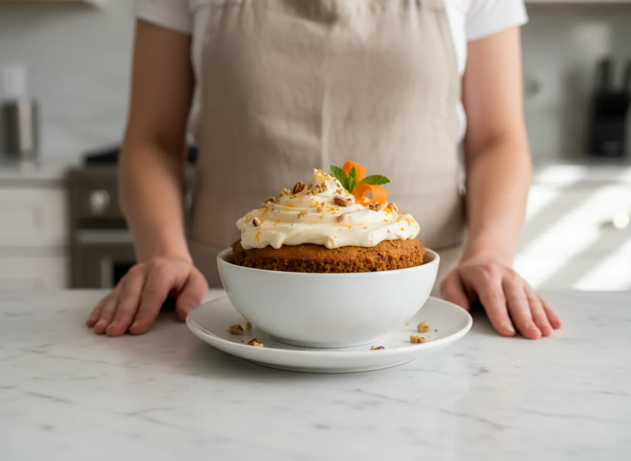 A slice of three-layer carrot cake with orange cream cheese frosting on a white plate