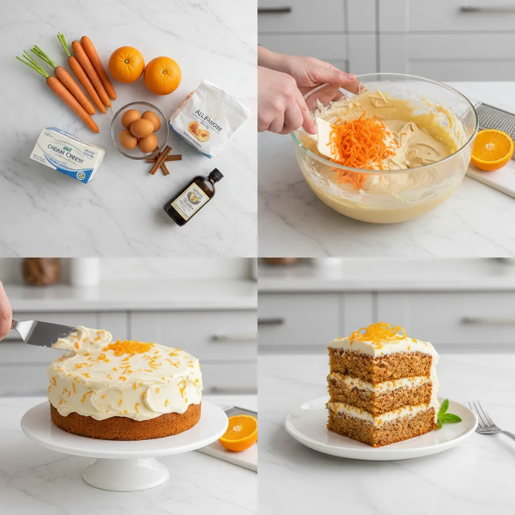 A grid of images showing the steps to make carrot cake and orange frosting