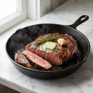 A thick-cut, pan-seared steak with a deep brown, crispy crust, sliced to reveal a juicy, rosy pink medium-rare center. Glistening with juices in a rustic cast-iron skillet, topped with melting herb butter, a sprig of rosemary, and a seared garlic clove. Wisps of steam rise.