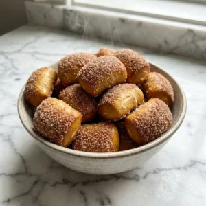 A heaping pile of warm, golden-brown soft pretzel bites. Each puffy, chewy piece is generously coated in a glistening, textured layer of cinnamon sugar. A gentle wisp of steam rises from the pile in a rustic ceramic bowl. Close-up food photography.