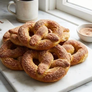 A pile of freshly baked, golden-brown soft pretzels. Each pretzel is generously coated in a thick, glistening, crystalline layer of cinnamon sugar, highlighting the rough texture against the smooth, puffy dough. Shot in warm, soft light to emphasize their warmth.