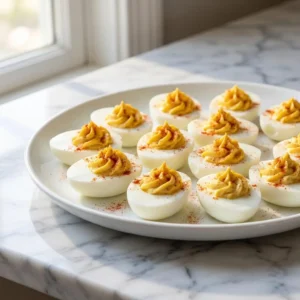 Platter of classic deviled eggs. Smooth white egg halves hold a creamy, golden, piped yolk filling. Each is garnished with a light dusting of vibrant red paprika. The arrangement is neat and appetizing on a simple white plate.