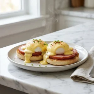 Two perfectly poached eggs on toasted English muffin halves with Canadian bacon. A rich, creamy, pale-yellow hollandaise sauce is generously draped over everything, cascading down the sides. Garnished with a light dusting of paprika and finely chopped fresh chives. A delicate wisp of steam rises.