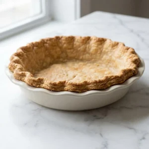 A single, empty pie crust, baked to a beautiful golden-brown. The texture is rustic and visibly flaky, with a delicate, hand-crimped decorative rim. The empty pie shell sits alone in a simple ceramic pie dish, ready for filling.