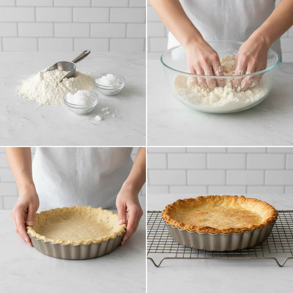A four-panel grid showing the steps to make the pie crust: mixing, chilling, rolling, and placing in the pan.