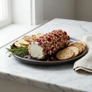A creamy white cheese log, generously encrusted with a textured coating of chopped brown pecans and vibrant red dried cranberries. Presented on a rustic platter surrounded by crackers, garnished with a sprig of fresh green herbs.