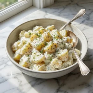 A rustic bowl of creamy potato salad. Tender, chunky potatoes are coated in a thick, glossy white dressing, generously flecked with vibrant green fresh dill and coarse black pepper. The dish looks fresh and appetizing under bright, natural light.