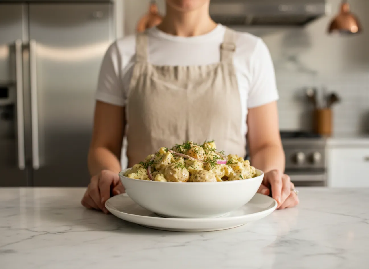 A family enjoying the creamy dill potato salad at a picnic.