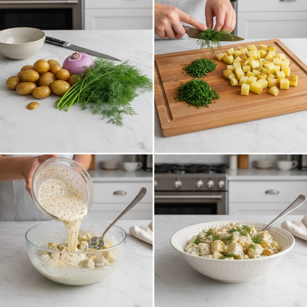 A four-panel grid showing the steps to make creamy dill potato salad.