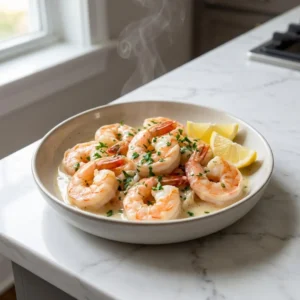 Plump, pink shrimp are generously coated in a thick, glistening, creamy white garlic sauce. The dish is garnished with a vibrant sprinkle of finely chopped fresh parsley and a side of lemon wedges, with a delicate wisp of steam rising from the shallow bowl.