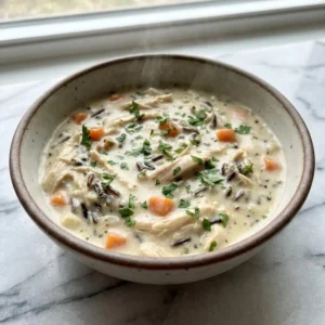 A hearty, shallow bowl of creamy chicken and wild rice. The thick, off-white sauce coats tender shredded chicken, a medley of dark wild rice, and diced carrots. Garnished with finely chopped fresh parsley, with soft steam gently rising from the dish.