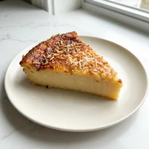 A slice of crustless coconut custard pie with a deeply caramelized, golden-brown top sprinkled with toasted coconut flakes. The cut side reveals a smooth, dense, creamy pale-yellow custard. The pie sits on a simple ceramic plate, highlighting its rich, silky texture under soft, natural light.