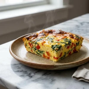 A thick, rustic slice of crustless veggie quiche on a ceramic plate. The top is bubbly and golden-brown. The fluffy yellow egg custard is studded with vibrant chunks of red bell pepper and green spinach. A light wisp of steam rises from the slice.