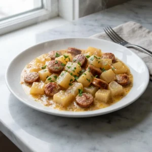 A hearty scoop of daikon sausage casserole on a plate, showcasing tender, translucent chunks of daikon and savory, browned sausage slices in a creamy, bubbling sauce. The top is golden-brown, with wisps of steam rising, garnished with finely chopped fresh parsley for a pop of color.