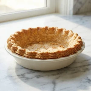 A single, empty pie crust, baked to a perfect golden-brown. Its surface is incredibly flaky, with delicate, paper-thin layers visible along the beautifully crimped, slightly rustic edge. The crust sits in a simple ceramic pie dish, showcasing its delicate and crisp texture.